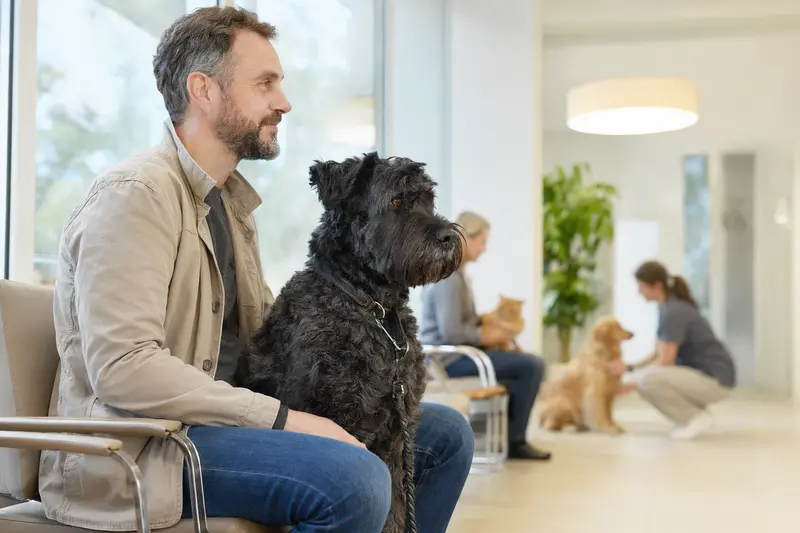 Ein Bouvier des Flandres sitzt ruhig neben seinem Besitzer im hellen Wartezimmer einer modernen Tierarztpraxis.